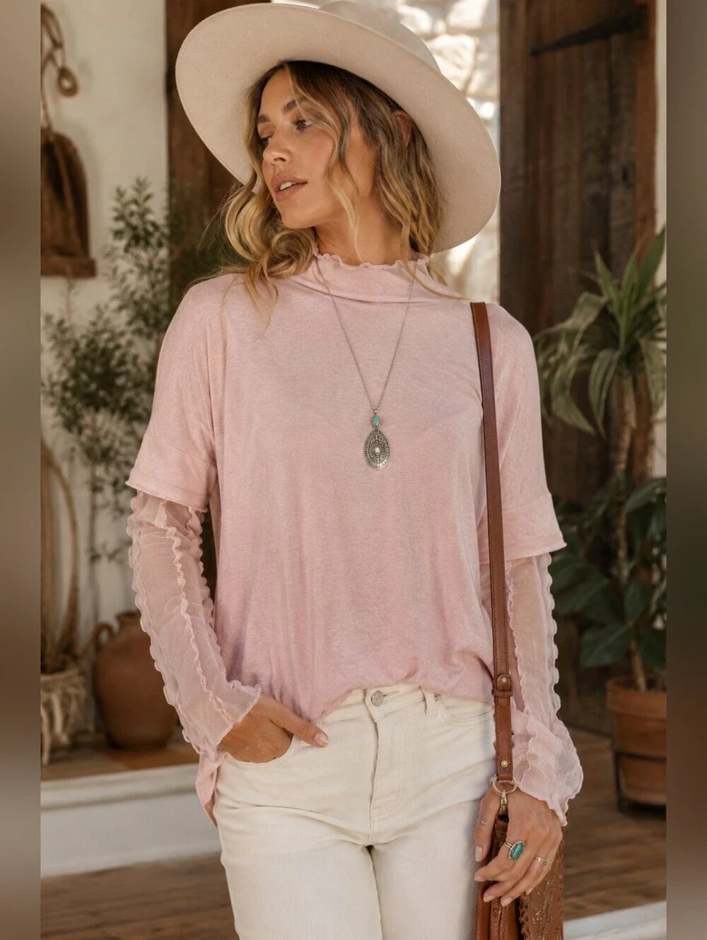 NWT  Free People Pink Mock Neck Layered Mesh Sleeve Top | Balletcore Small